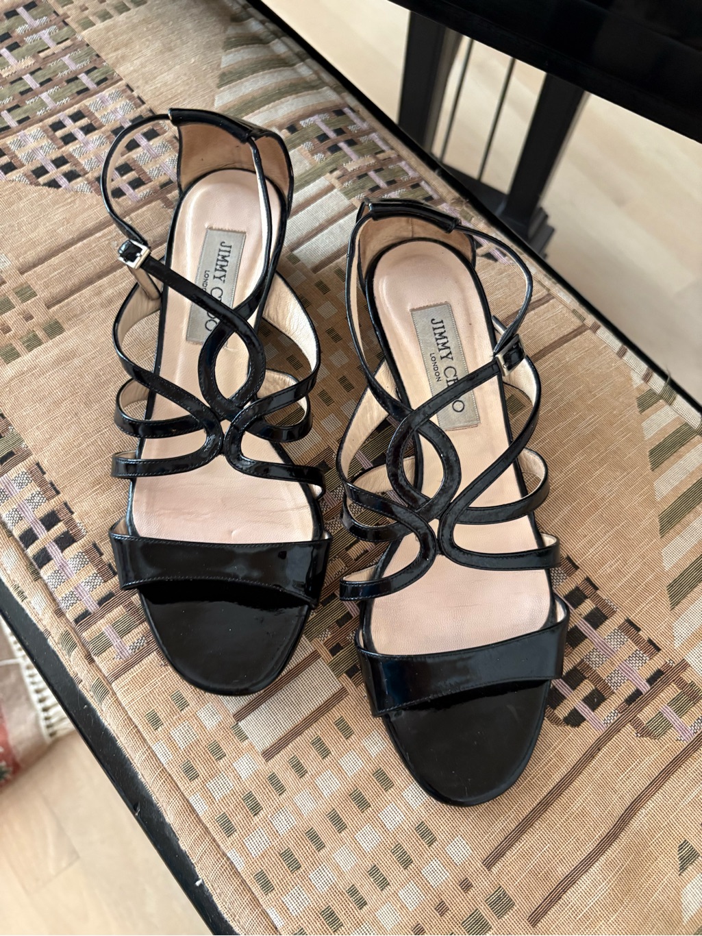 Jimmy Choo Black Patent Multi-Strap Heeled Sandals Size 38
